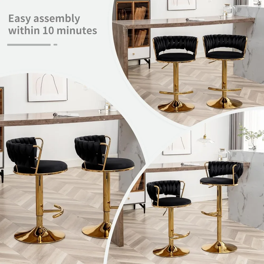 Counter Height Bar Stools with Low Back, Velvet Adjustable Height Barstools, 360° Swivel Bar Stools for Kitchen Island