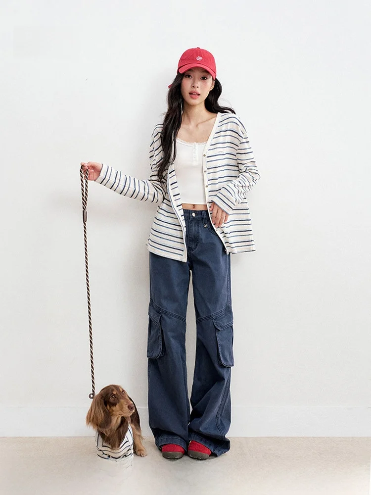 

Вязаный кардиган Liilou свободного кроя с длинными рукавами, повседневный, в стиле колор-блок, в полоску, из смесового хлопка и льна, женская верхняя одежда