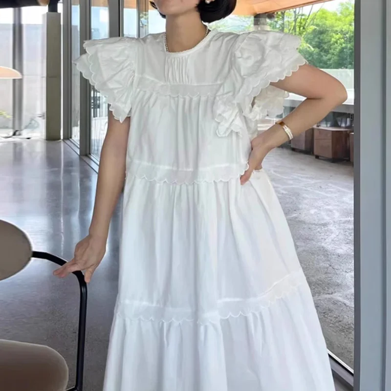 Layered Ruffled Fly Sleeve Dress Women Casual Loose Swing Vestidos De Mujer White Doll Dresses Female Y2k Sense Design Loose