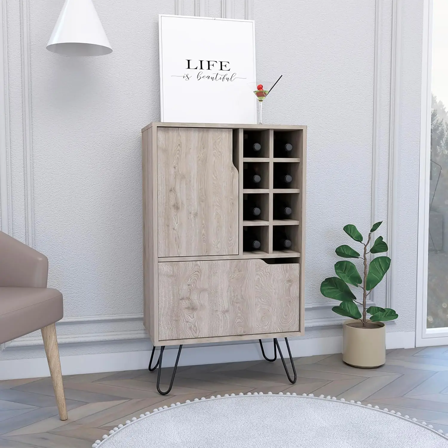 L Bar Cabinet 8 Wine Cubbies Light Gray Board Door 2 Shelves 4 Steel Legs Home Bar Dining Room, Customized