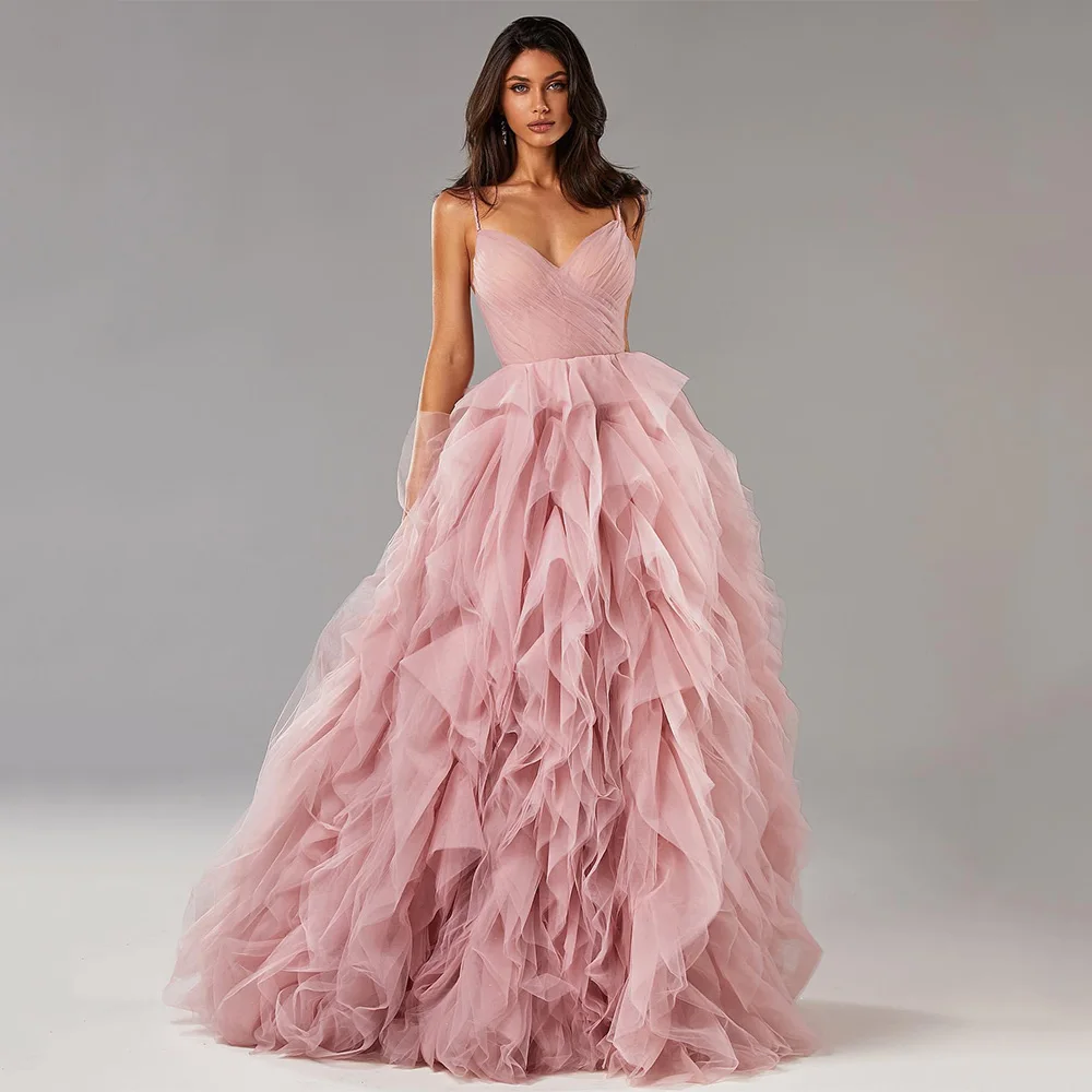 Classic Ruffles Tulle Evening Dress Customized Spaghetti Straps V Neck Open Back Pleat Body A Line Prom Gown Party Dresses