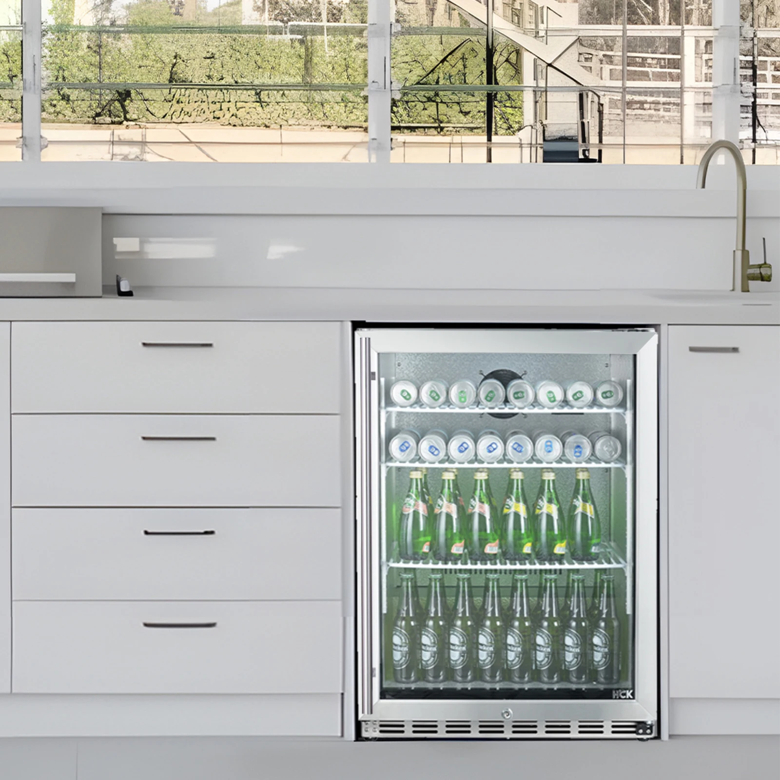 HCK 24 Inch Beverage Refrigerator, 180 Can Under Counter Fridge with Glass Door and Stainless Steel Body, Built-in or Freestandi