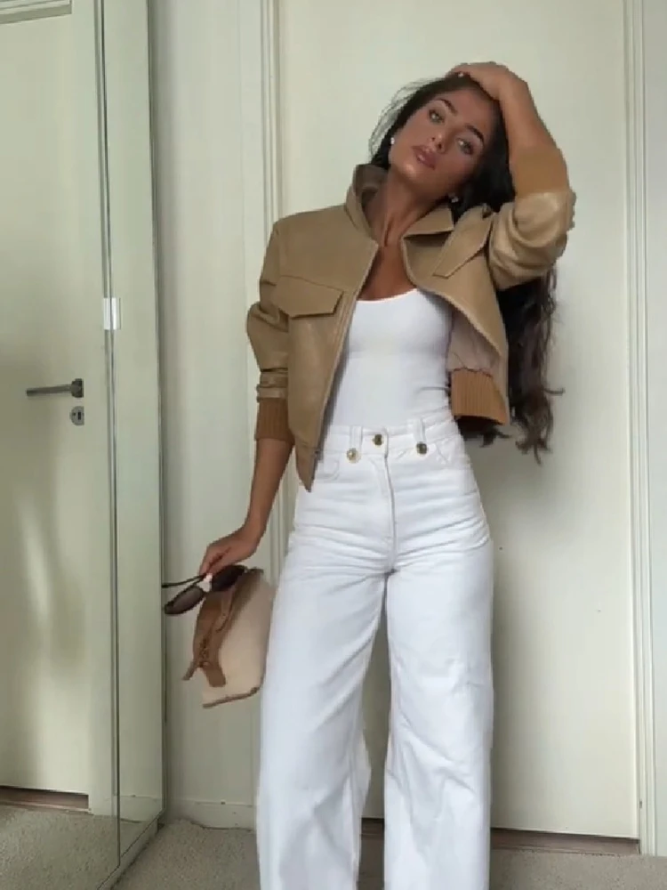 Vintage PU-Leder Cropped Jacke mit Langen Ärmeln und Gerippten Manschetten, Streetwear Damenmantel, Neue Lässige High-Street Herbst-Oberbekleidung – Detail 4