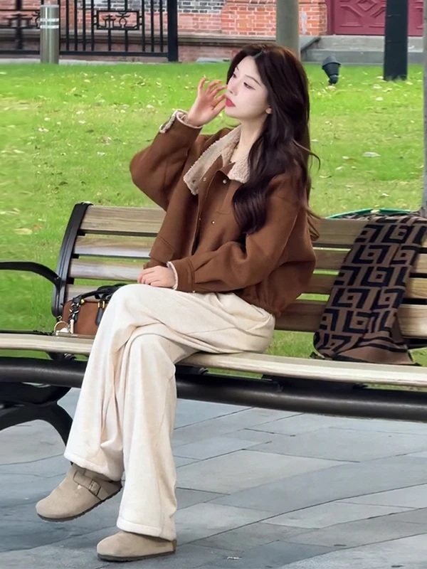 冬の新作、厚手のフリース裏地付きスエードコート、レディースSサイズ、メルローカラー、ラムファー、レトロな長袖ジャケット