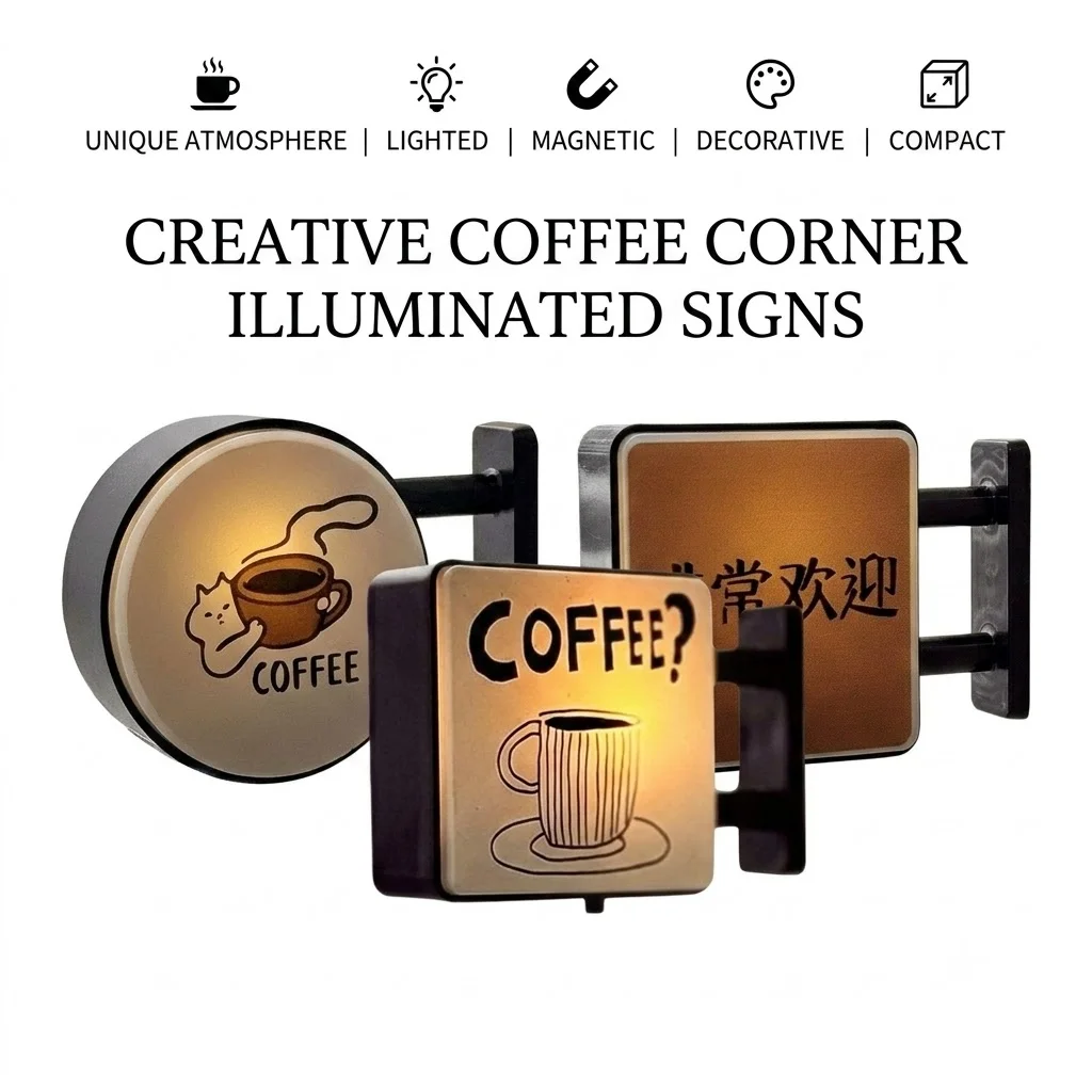 Mini Coffee Light Box Refrigerator Magnet Luminous Desk Ornament Night Light Kitchen Decor Coffee Corner Magnetic Sign DC