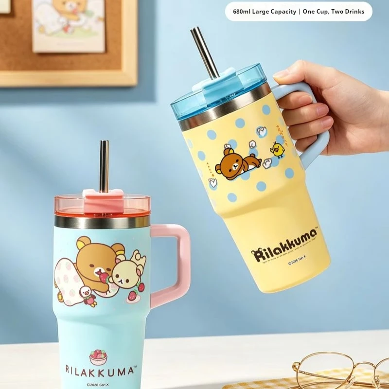 Niedlicher Hasen-Rilakkuma Auto-Isolierbecher 680ml Große Kapazität 304 Edelstahlbecher Niedlicher Wasserbecher für männliche und weibliche Studenten