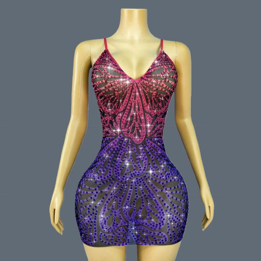 

Sparkly Pink Blue Rhinestone Sexy See Through Black Mesh Dress Night Party V Neck Off shoulder Dress Spicy Girl Outfit Huandie
