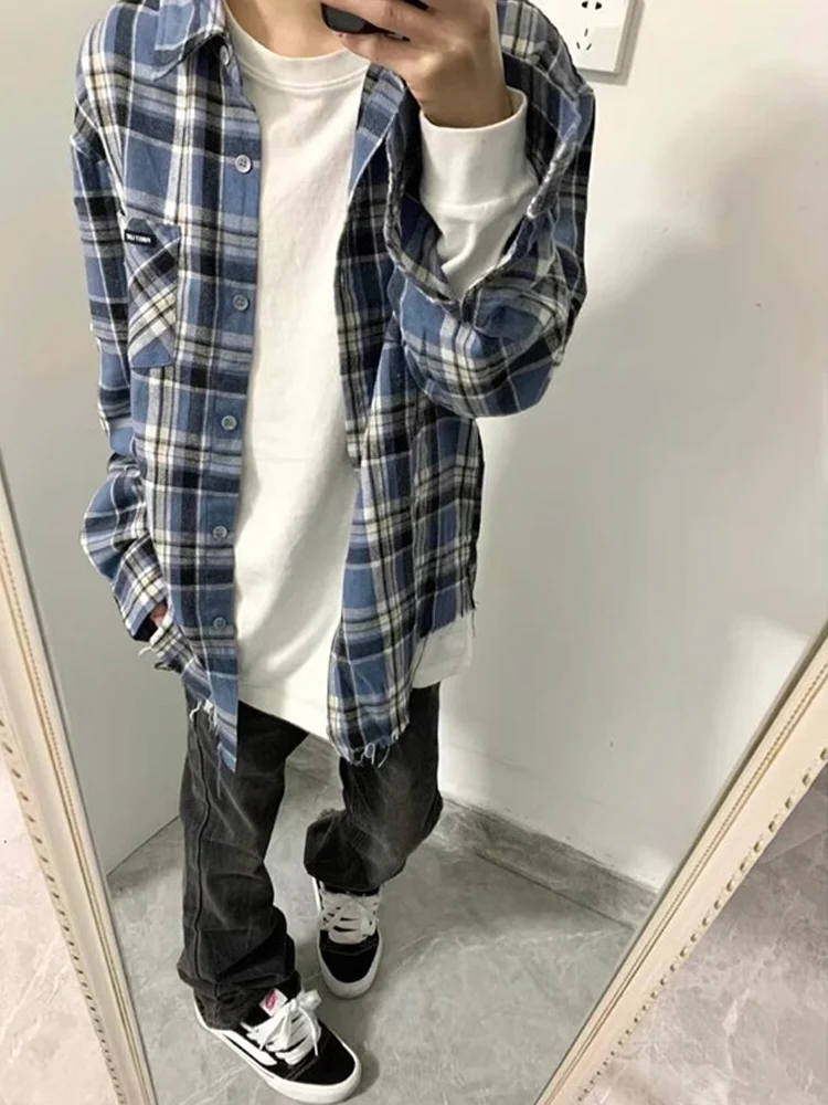 

Blue Plaid Men's Shirt American Retro Long Sleeve Outerwear Cleanfit Jacket Standard Fit Polyester Fiber Street Style Spring ...