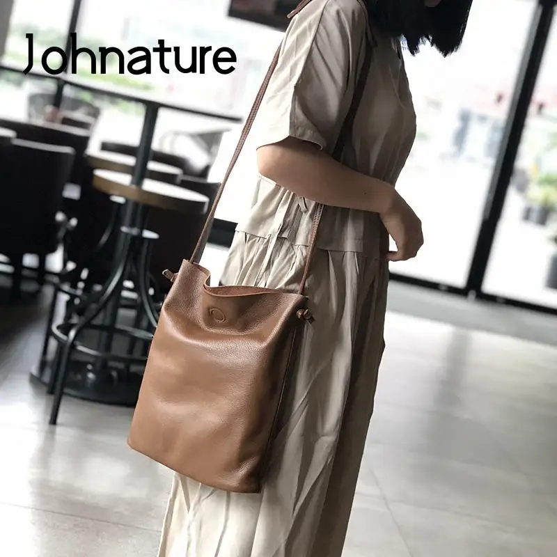 Johnature Simple Nature Soft Cowhide Women Bag 2024 New Genuine Leather Large Capacity Solid Color Shoulder & Crossbody Bags