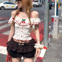 Kawaii Lolita Style Sweet 2 Piece Set Women Cute Cherry Print Crop Top Lace Ruffles Patchwork Shorts Female Korean Fashion Suit