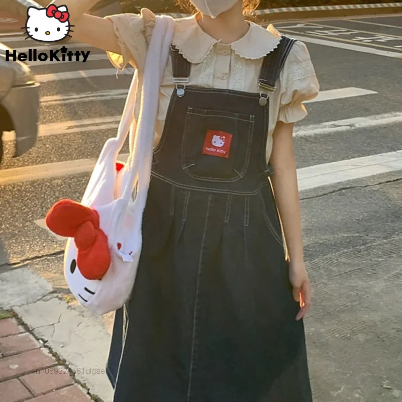 Baju Sanrio Hello Kitty Y2k Baju Atasan Kawaii Musim Panas Setelan Rok Denim Bordir Manis Gaya Kuliah Gaun Wanita Set 2 Potong