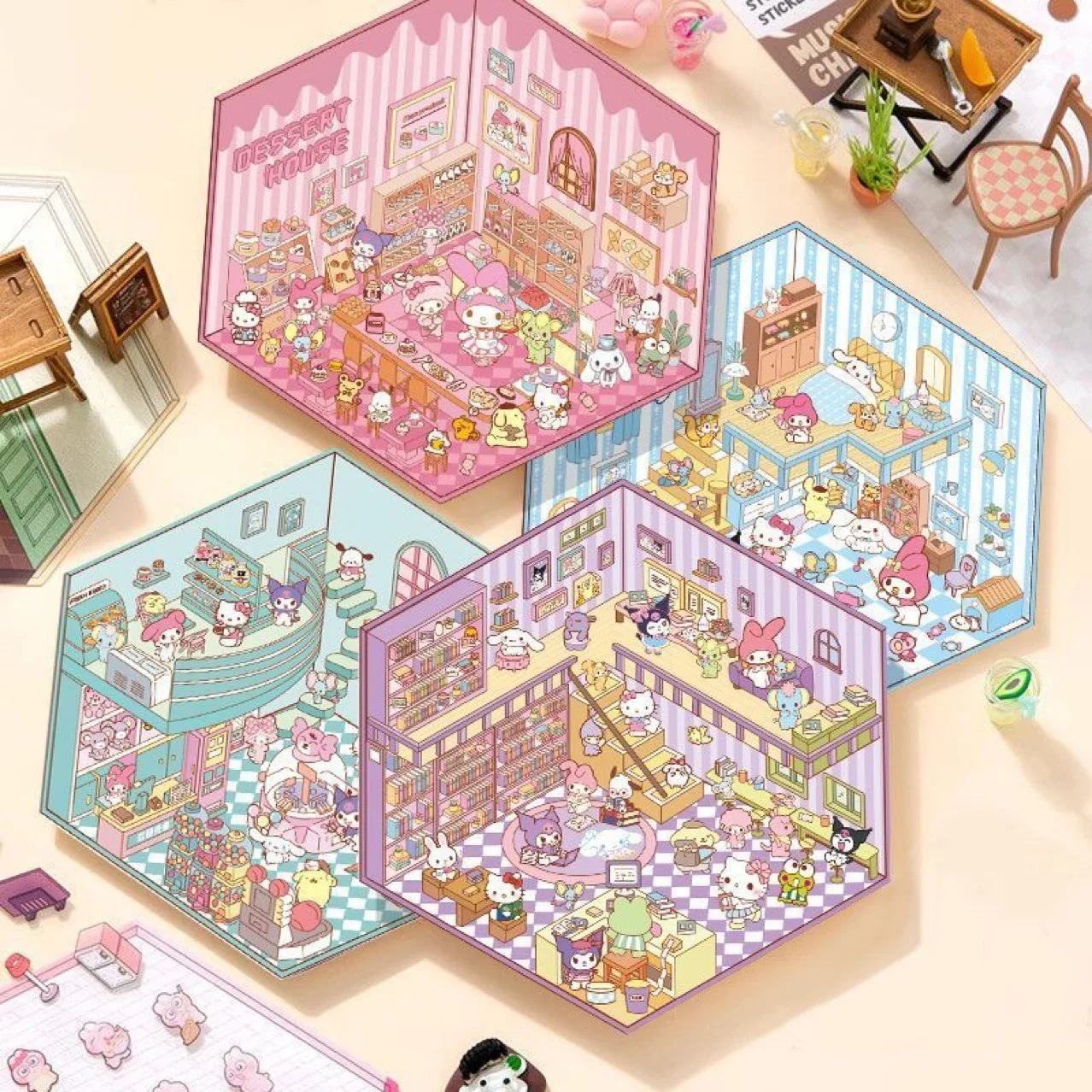 4PCS Cartoon Sanrio Hello Kitty 3D Stickers DIY Three-dimensional Cabin Scene Stacking Pasting Hand Account Sticker Kids Toys