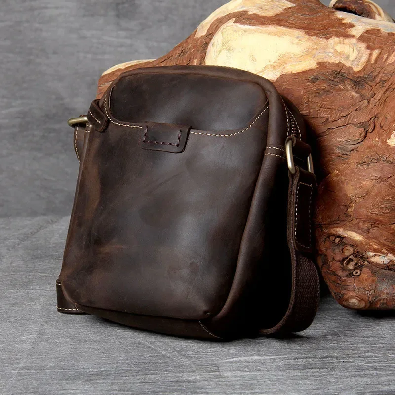 Vintage natural genuine leather men's small phone shoulder bag fashion casual crazy horse cowhide daily shoulder messenger bag