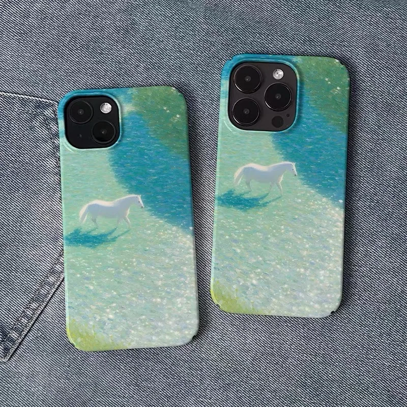 

Ins Green and Fresh White Horse Art Case for IPhone 16E 15 14 13 Pro Max 12 Mini 11 Pro Plus Shockproof Protective Hard PC Cover