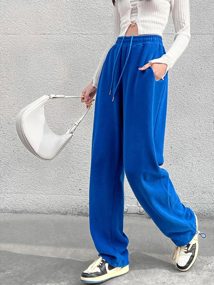 Pantalones de chándal azules para mujer, pantalones holgados de verano, pantalones de pierna ancha para correr de cintura alta, pantalones deportivos de primavera para mujer, pantalones de chándal de verano