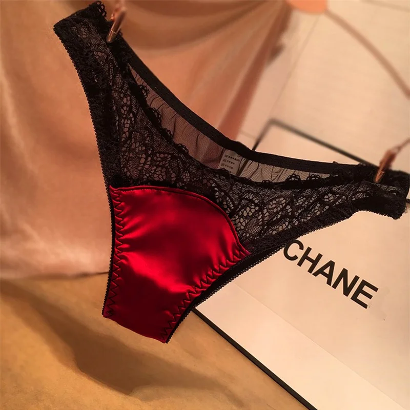 Sexy Low Waist Lace Briefs Women's Silk Satin Underwear Three Pack Comfortable T-Back Panties Attractive Sportswear Innerwear