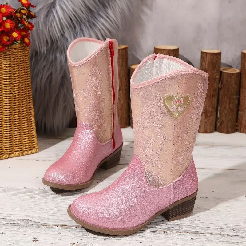 Girls Glitter Cowgirl Boots Mid Calf Western Cowboy Boots Embroidery Heart Decor Low Heel Boots Toddler Girl Fashion Party Shoes