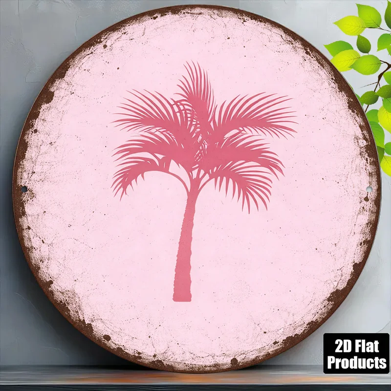 2D Flat Round Sign, Vintage Plaque with Tropical Pink Palm Tree Design, Hawaiian Style Decorative Sign,Suitable for Beach Houses