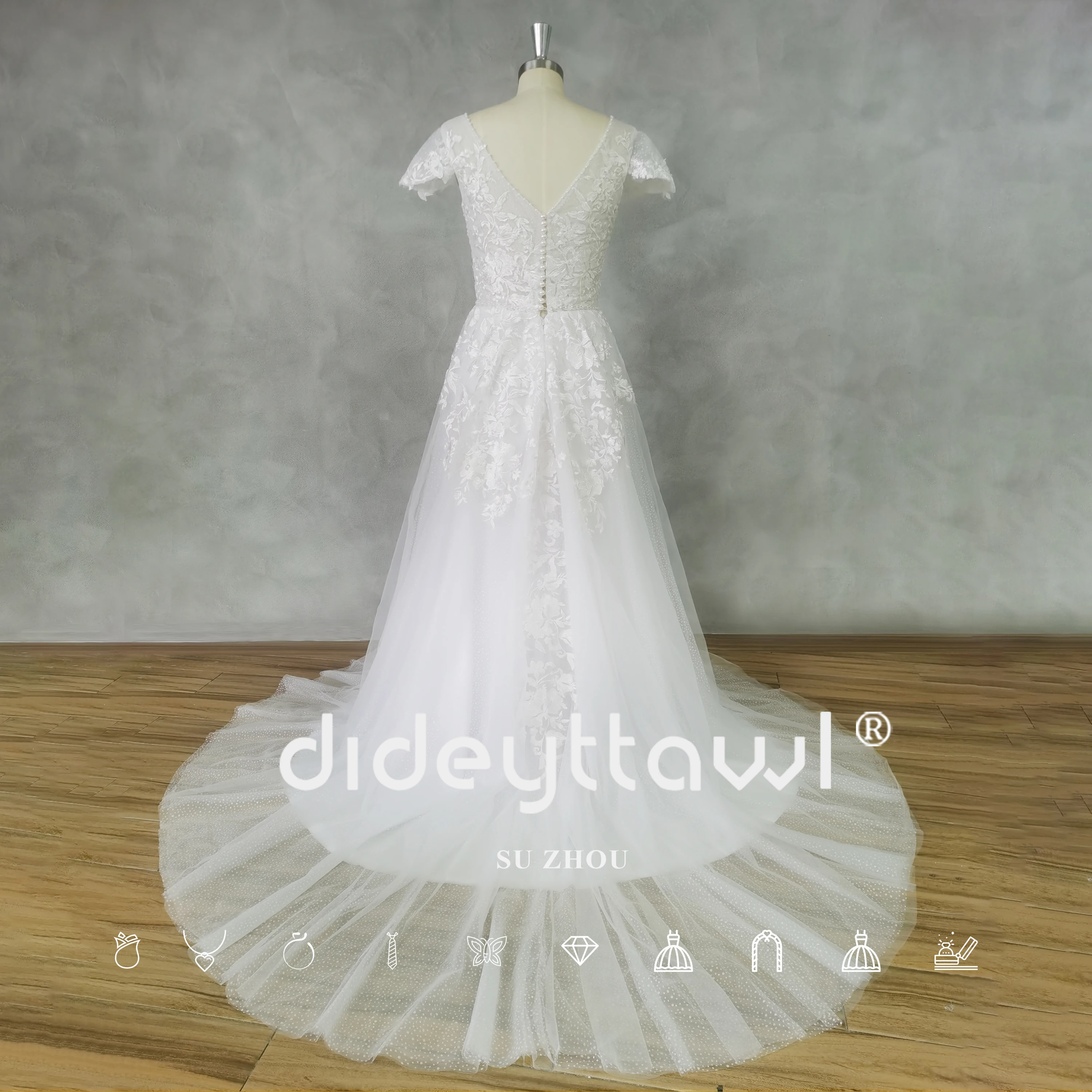 DIDEYTTAWL Real Picture V-Neck Appliques Cap Sleeves Shiny Tulle White A-Line Wedding Dress Button Back Court Train Bridal Gown