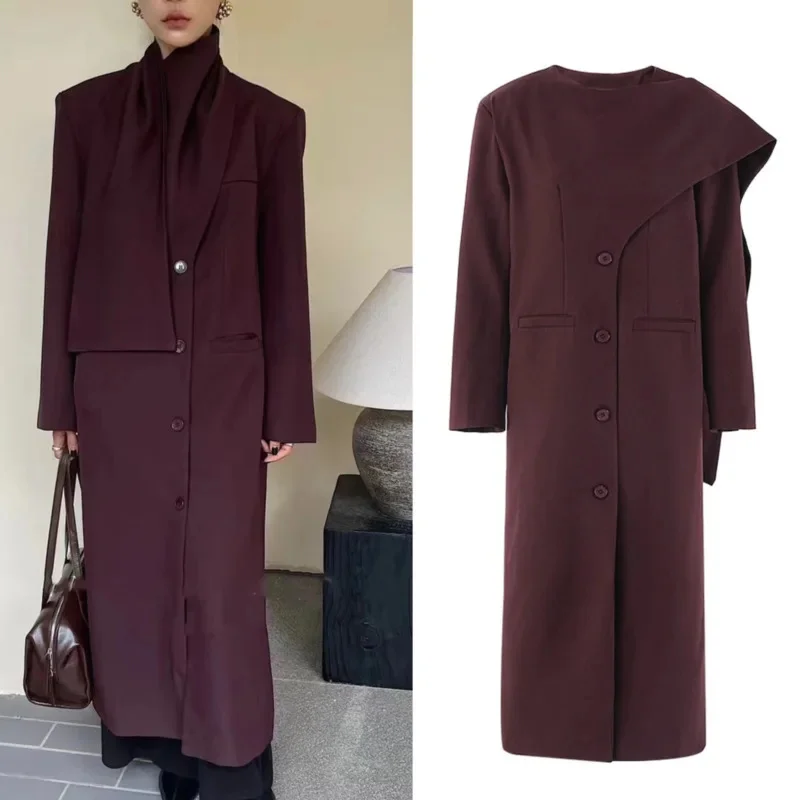 Fashion Women Brown Irregular Elegant Big Size Long Blazer 2024 Autumn New Casual High Quality Round Neck Long Sleeve Jackets