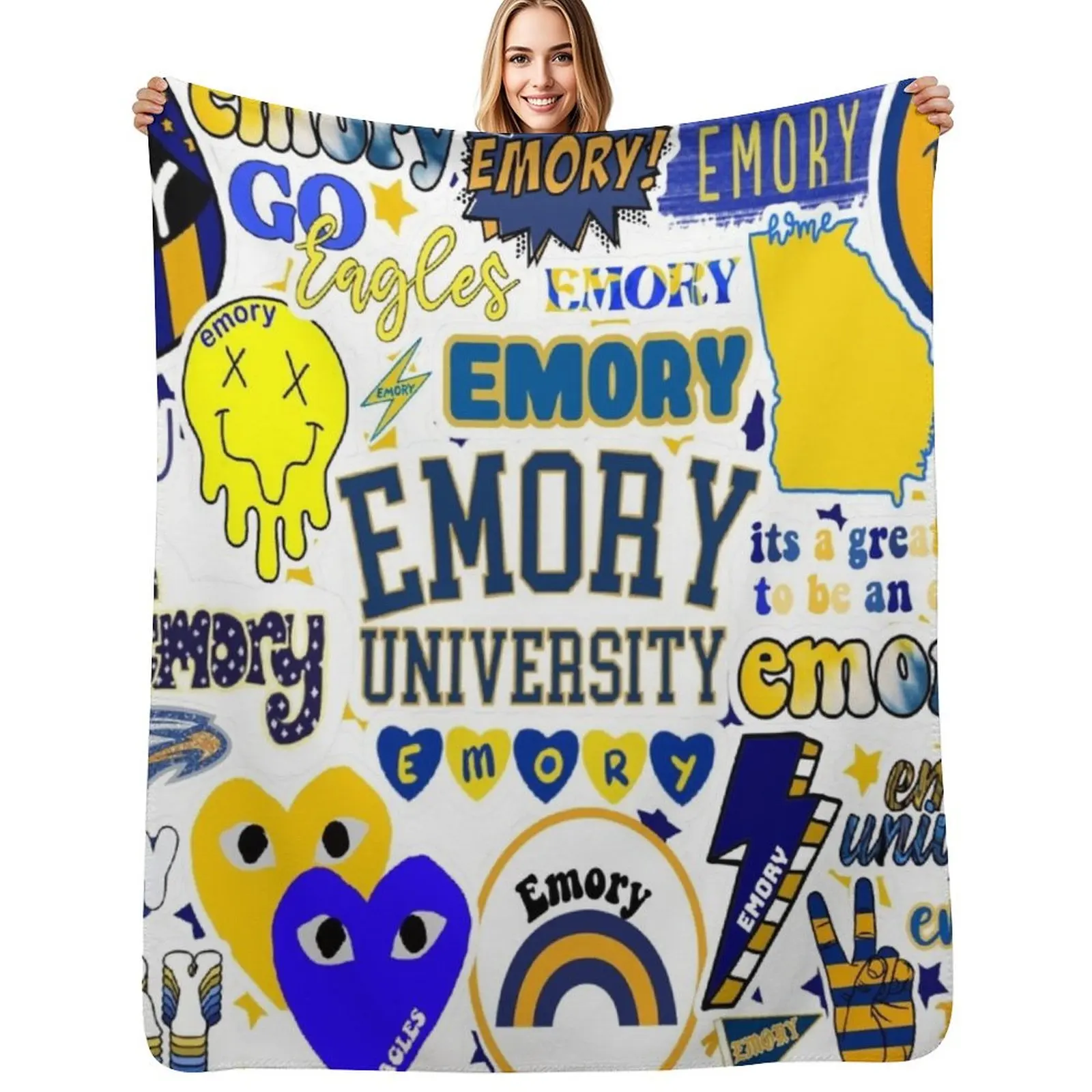 

E M O R Y Eagles Collage Design Throw Blanket Thermal Travel Plaid on the sofa Thermals For Travel Blankets