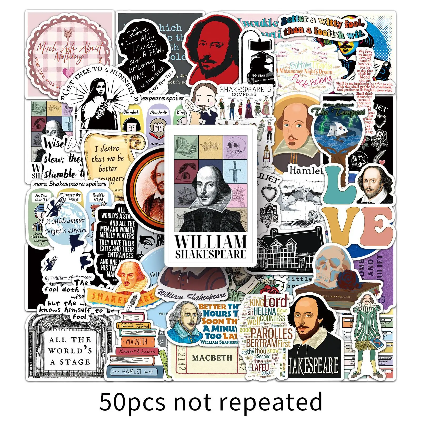50PCS Funny Shakespeare Graffiti Stickers Writer Cartoon Decoration Children's Toys Suitcase Fridge Laptop Phone Guitar Decals