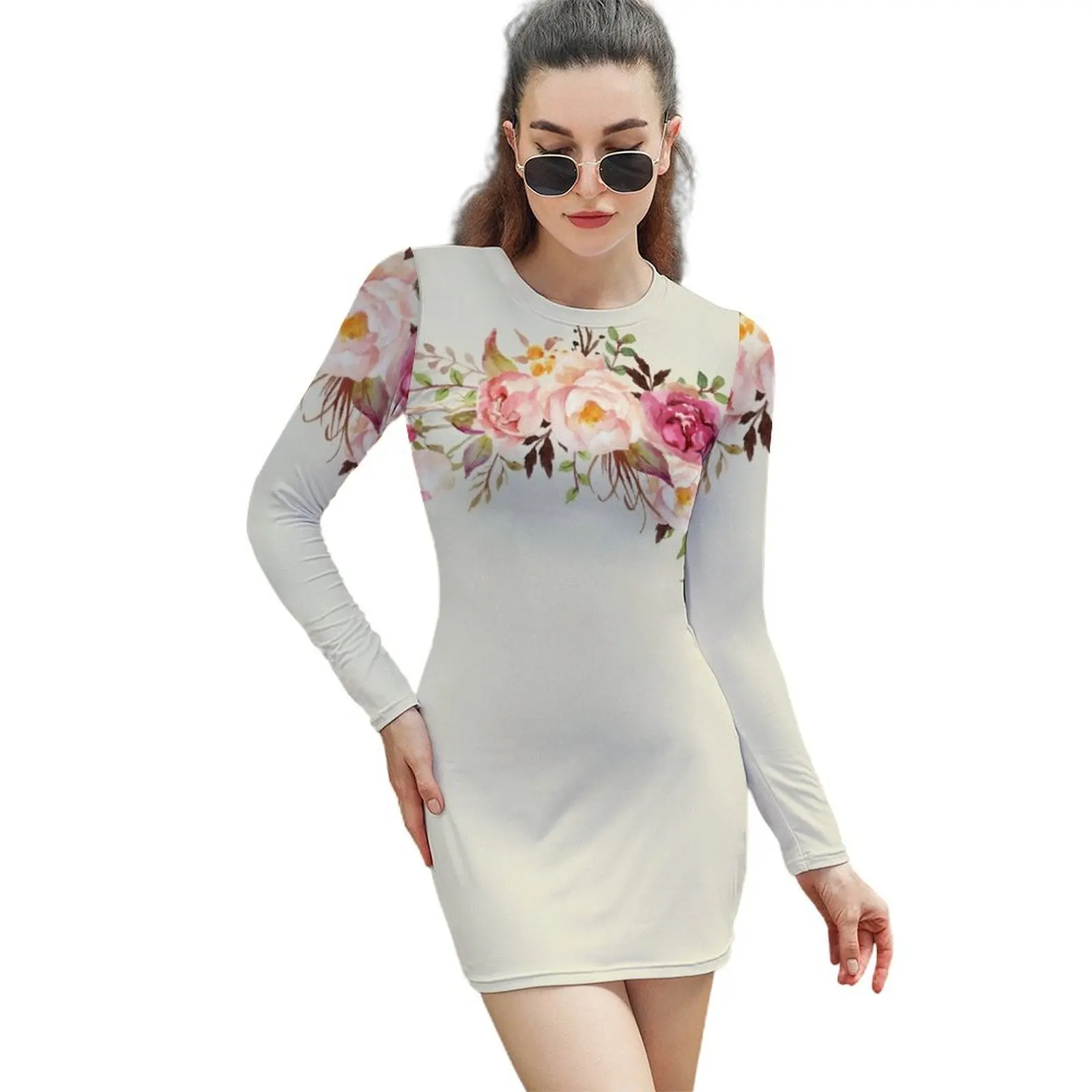 

Romantic Watercolor Flower Bouquet Long-Sleeved Sheath Dress women's fashion dresses loose summer dress