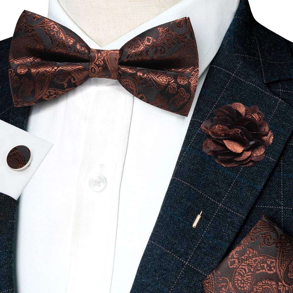 Champagner-Seiden-Jacquard-Paisley-Fliege für Herren, Brosche, Einstecktuch, Manschettenknöpfe-Set, vorgebundene Fliege mit Schmetterlingsknoten für Männer, Hochzeit, Geschäft – Detail 23