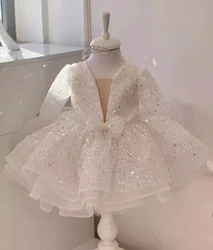 Vestidos de flores de marfil blanco para niña, vestidos de fiesta de boda, mangas largas, brillantes, cuentas, lentejuelas, vestido de cumpleaños, vestidos de primera comunión