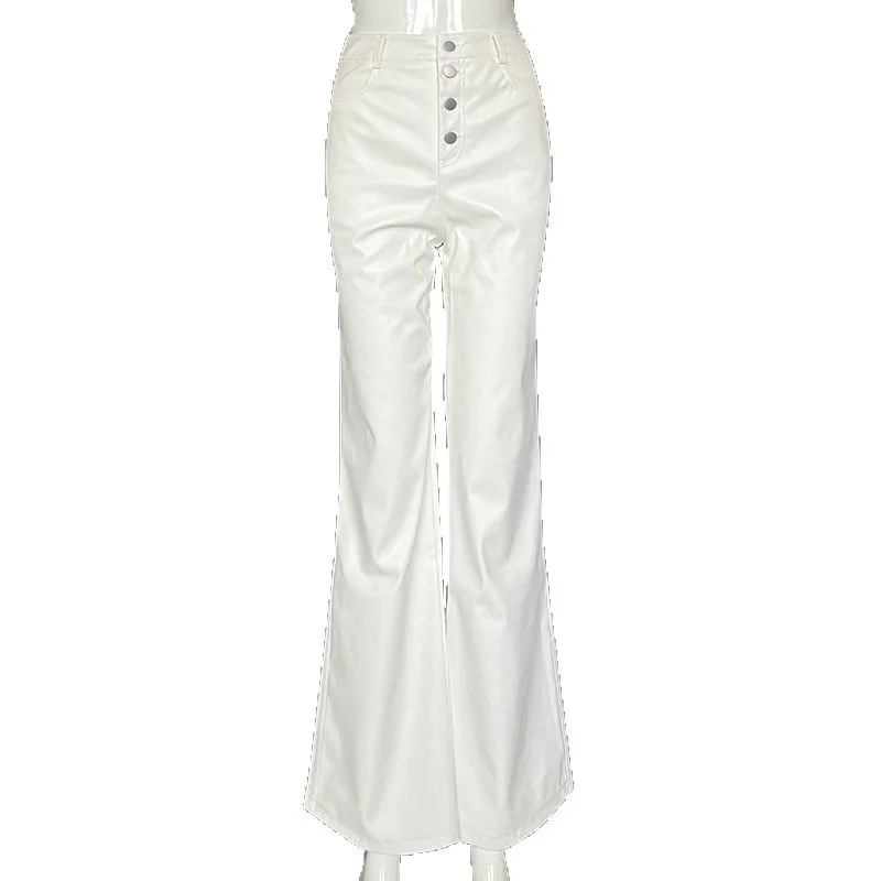 

2026 New Women's High Waist Faux Leather Pants Casual Solid Color Straight Leg Buttoned Trousers For Spring Autumn