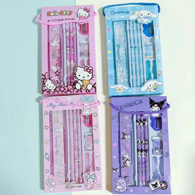 Kawaii Sanrio Set di cancelleria matita gomma righello Cinnamoroll My Melody Kuromi pittura materiale scolastico primario per regali per studenti