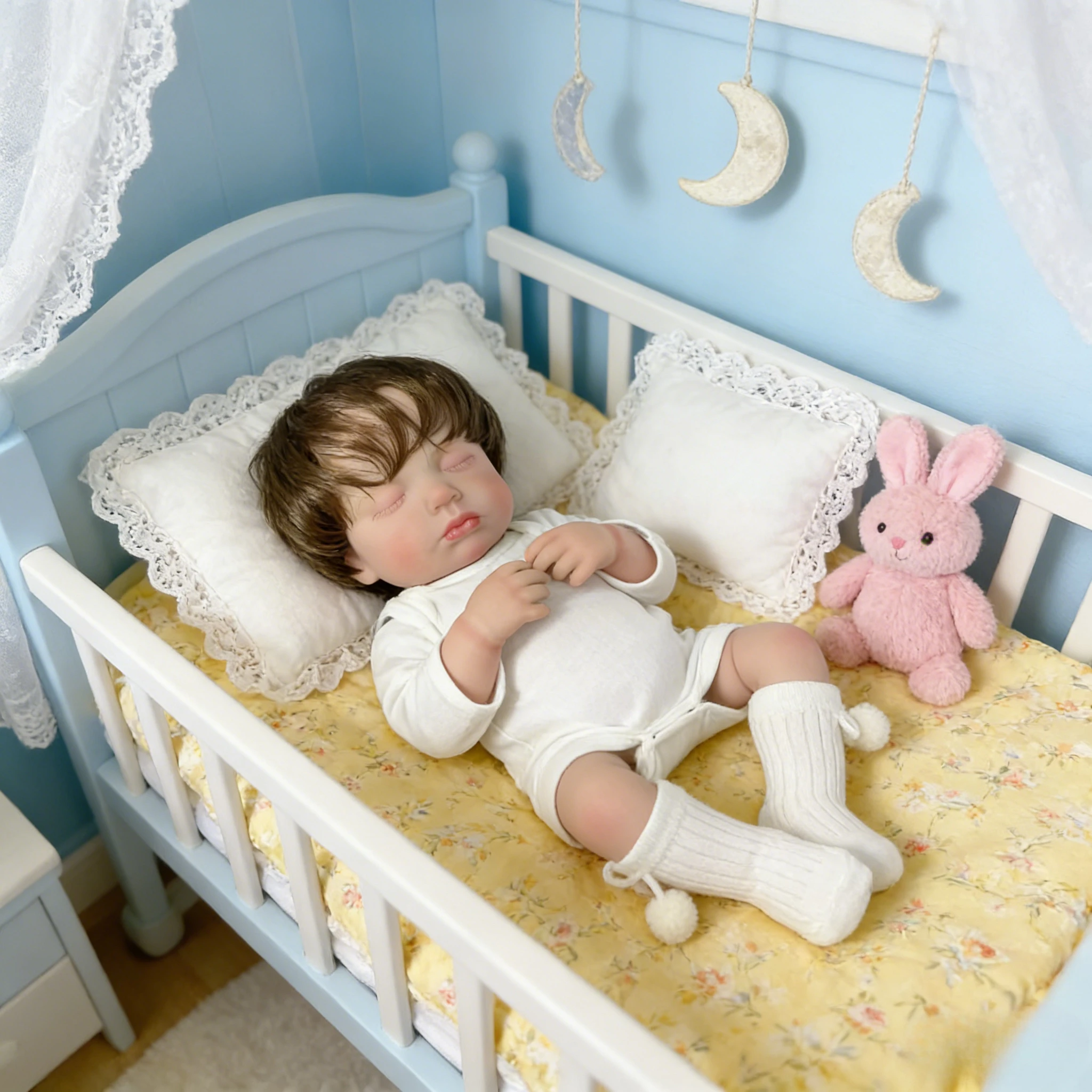 48 cm lebensechte wiedergeborene Babypuppe Loulou mit sichtbaren Adern zum Schlafen, voller Vinyl-Körper, Stoff, Hände, handgewurzeltes realistisches Haar