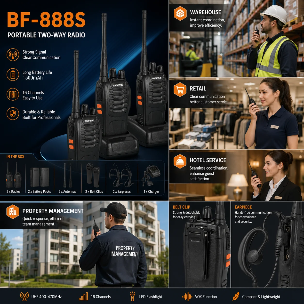 Walkie Talkies Two Way Radio BF-888S 2PCS UHF Rechargeable 1500mAh with Earpiece for Hotel Warehouse Camping Christmas Gift