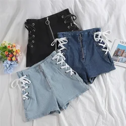 Pantalones cortos vaqueros de cintura alta para mujer, Shorts informales, color negro, holgados, combinan con todo, color azul, primavera y verano