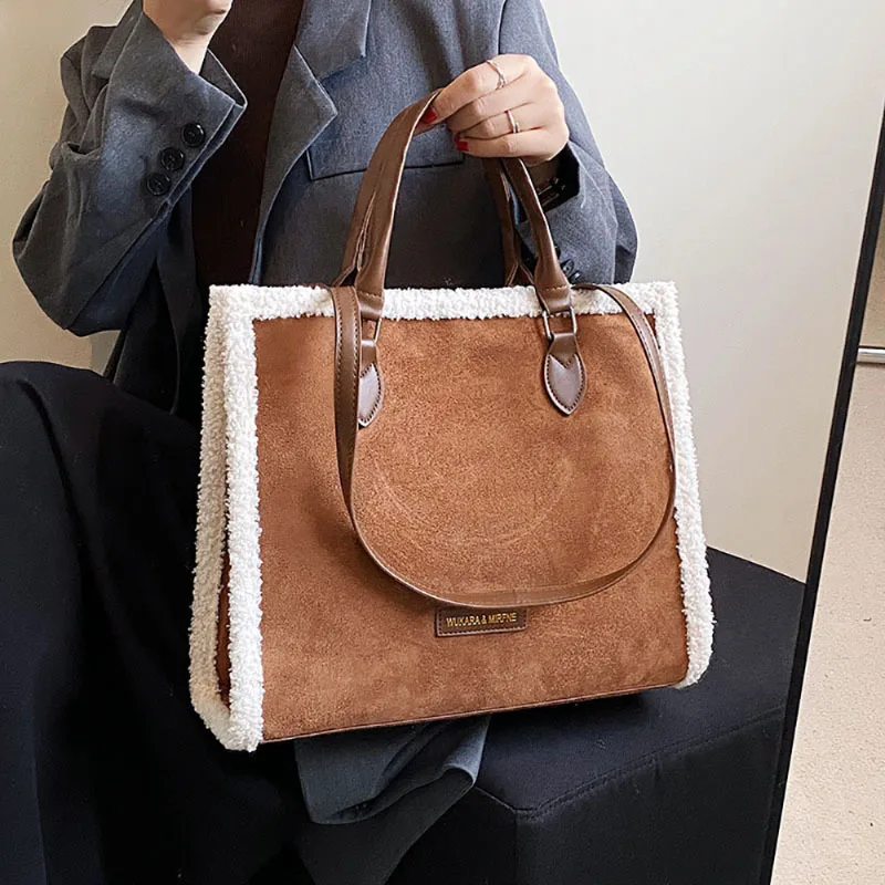 Winter New Retro Lamb Wool Tote Bag Faux Suede Soft Texture Handbag Women Popular All-in-one Large Capacity Shoulder Commute Bag