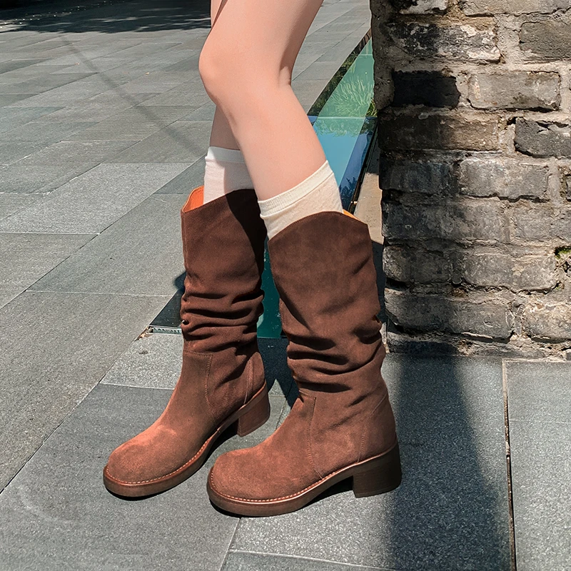 2024 New Cow Suede Retro Women Boots Autumn Winter Slip-On Mid-Calf Boots Round Toe Square Heel Women Shoes High Heels