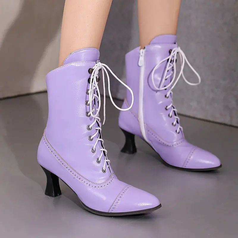 Women Vintage Chunky Heel Pointed Toe Lace Up Brogue Ankle Boots British Style High Heel Short Booties