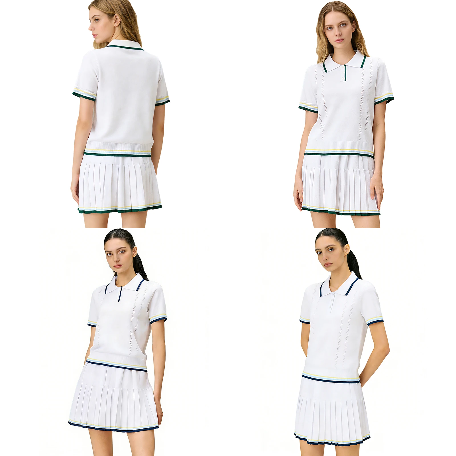 #S-L Women Contrast-Color Trim Knitted Outfit Turn-Down Collar Sleeveless Tops with Pleated Skirt for Golf Tennis Sports