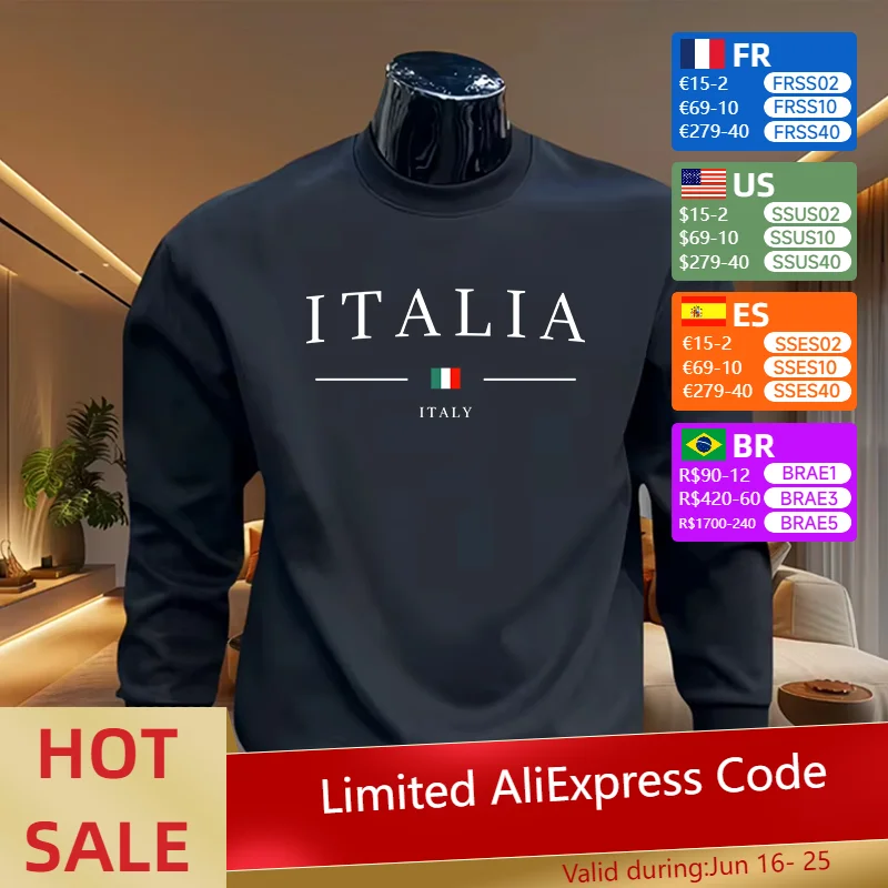 

2025 Italy Fashion Printed Pullover for Men Spring Autumn Warm Soft Long Sleeved T-shirt Male Daily Casual Sports O-Neck Hoodies