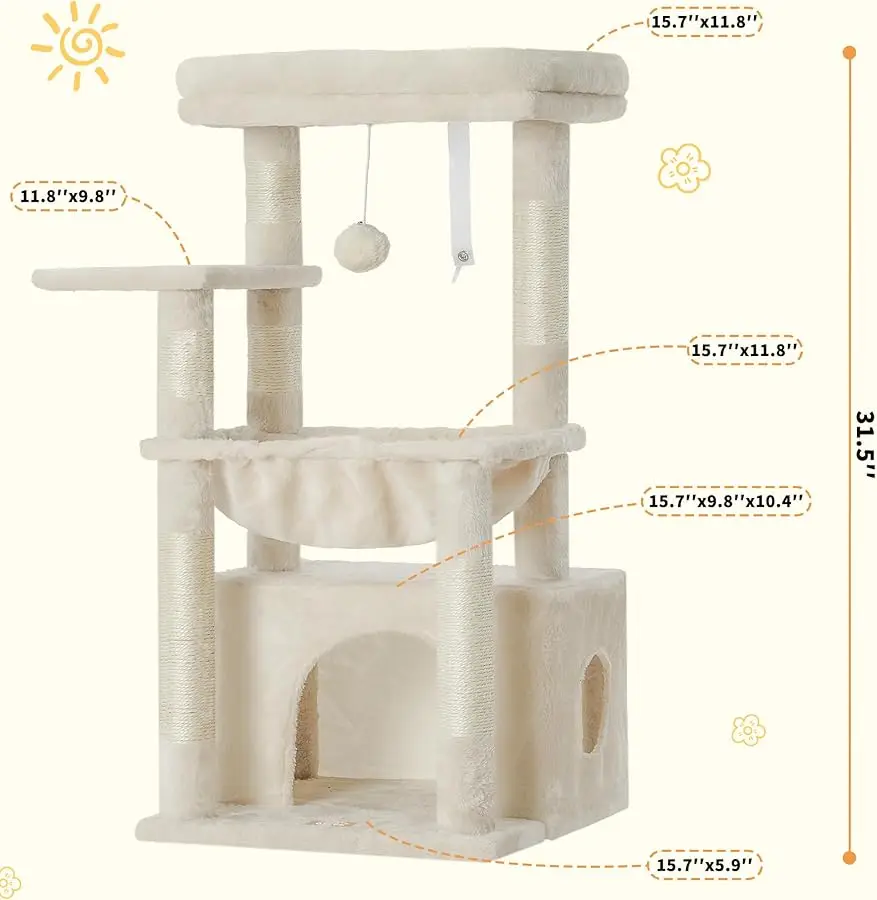شجرة القطط Heybly، برج القطط مع سلة قطط ناعمة كبيرة، شقة قطط مع كهف سرير واسع مع مساحة مخفية، مغطاة بالسيزال #6