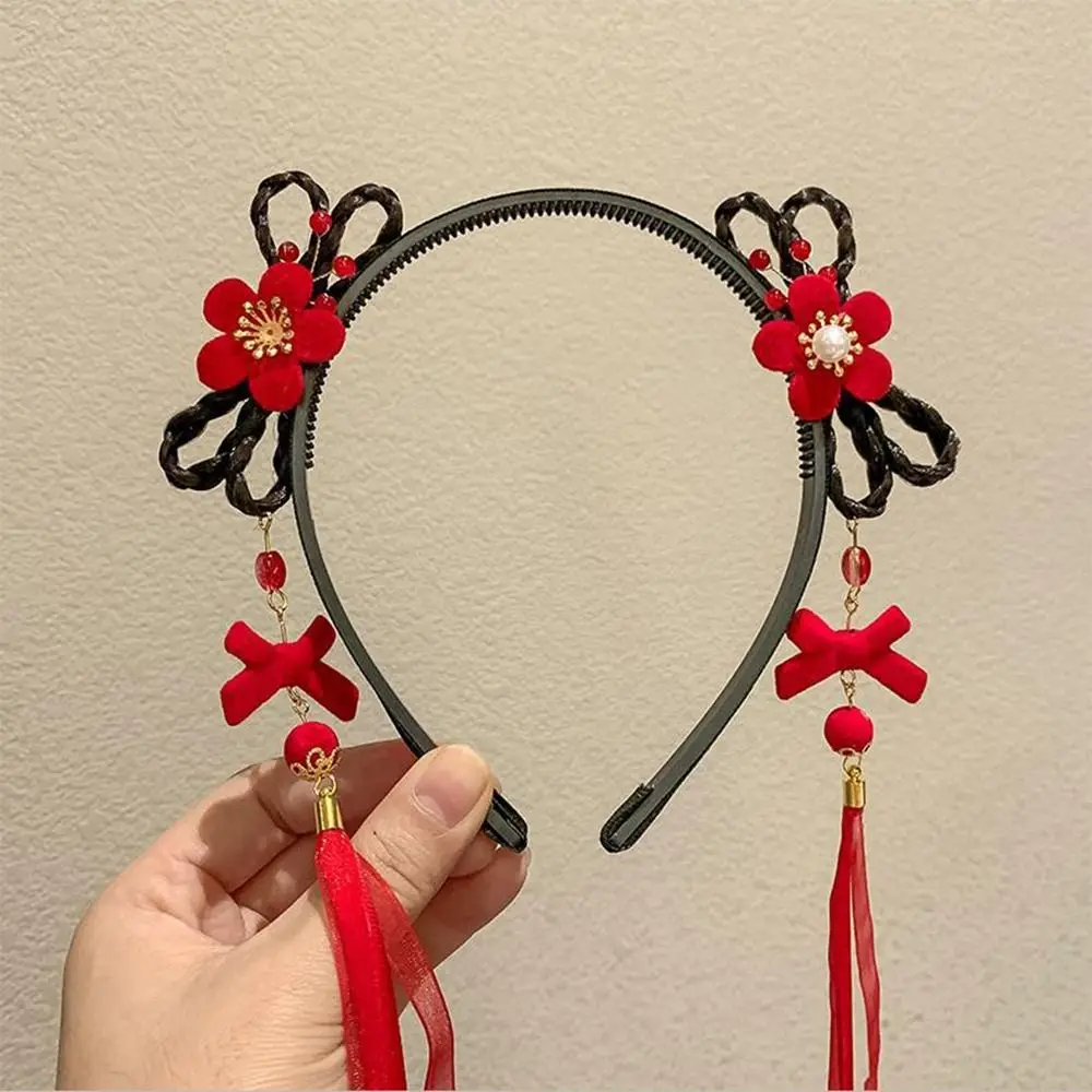 Cute Flower Children Wig Headband Tassel Tang Suit Hair Hoop Hanfu Hair Sticks Braid Hair Baby Headwear Red Bow Hairband Girls