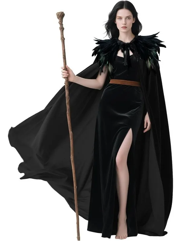 Medieval Dark Retro Witch Cloak Long Velvet Ethnic Performance Stage Costume Feathered Hooded Robe for Women Halloween Party