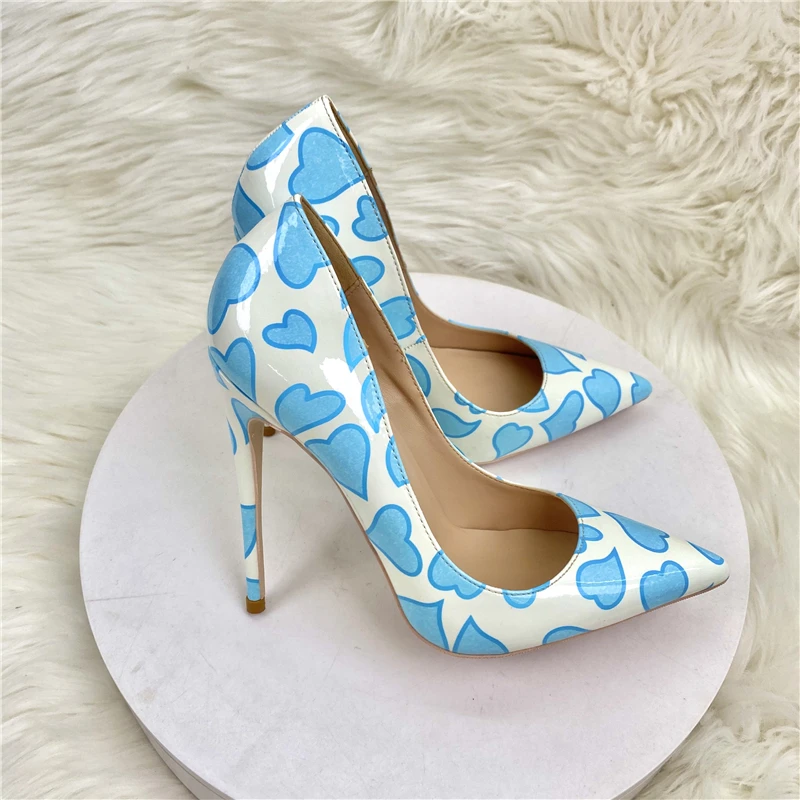 Tikicup Blue Sweetheart Printed Women White Pointy Toe HIgh Heel Shoes Cute Fashion Designer Stiletto Pumps Plus Size 43 44 45