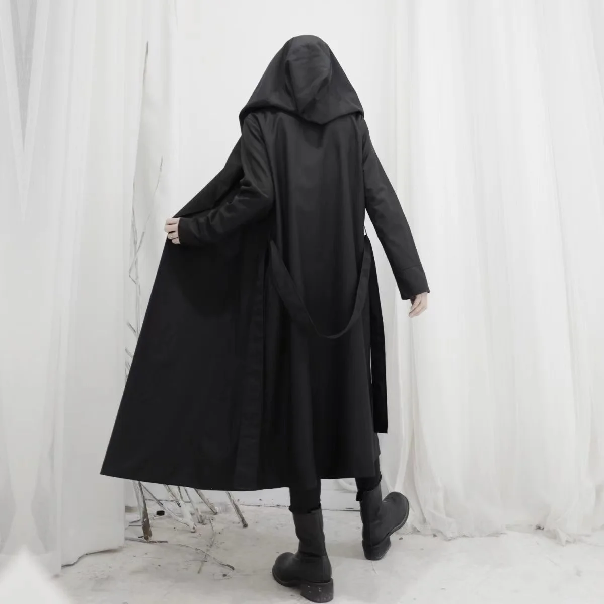 ARENS Hooded Trench Coat Men and Women Gothic Punk Lace Up Cardigan Long Windbreaker Fall Korean Dark Black Style Punk Overcoat