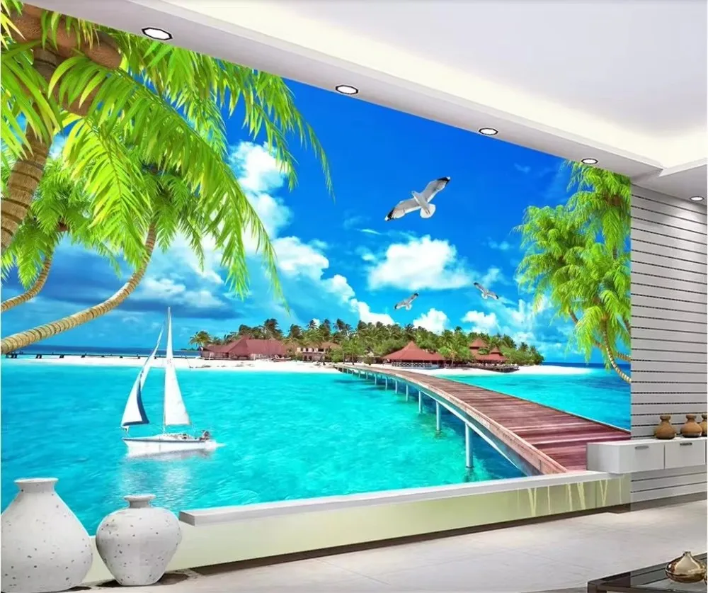 Custom wallpaper 3d mural Maldivian beach coconut Aegean living room backdrop wall sea landscape Island whole house wallpapers