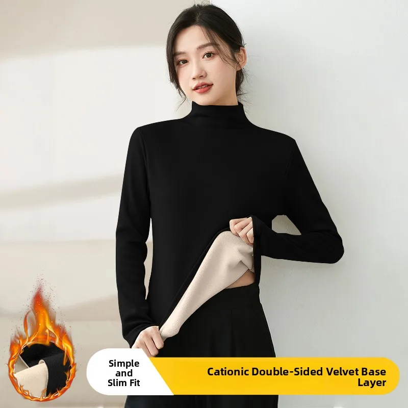 ionic Velvet f High Collar Fce Gefüttertes Damen Base irt Trendy Herbst Winter Thiened Long Sve Color Top