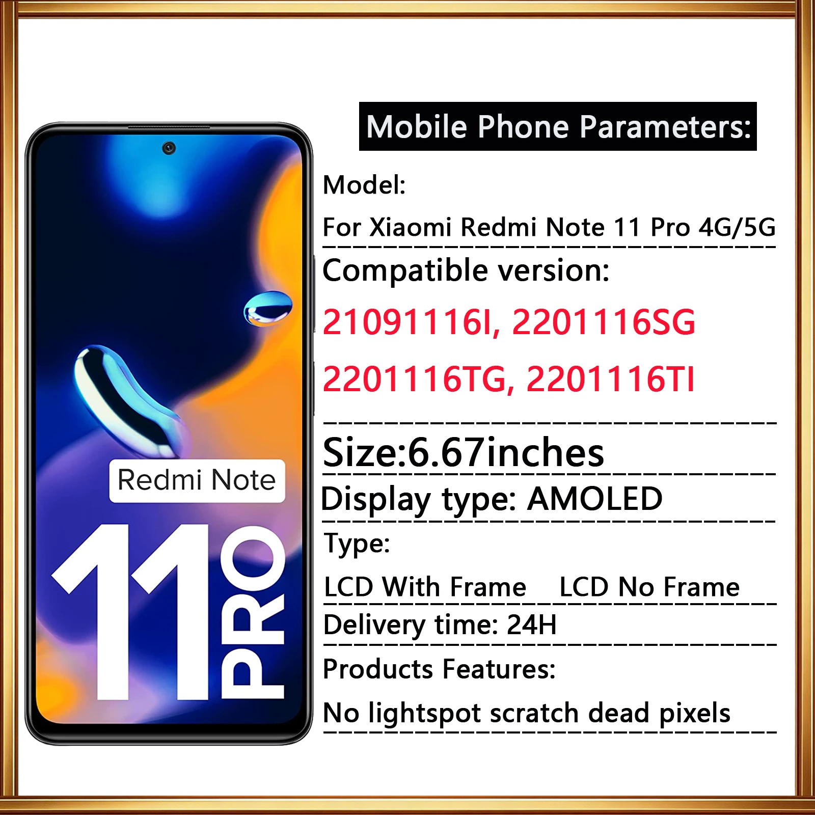 For Xiaomi Redmi Note 11 Pro 4G 5G LCD Display Touch Screen Digitizer 2201116TG 2201116TI 21091116I 2201116SG  Replacement Parts image 2