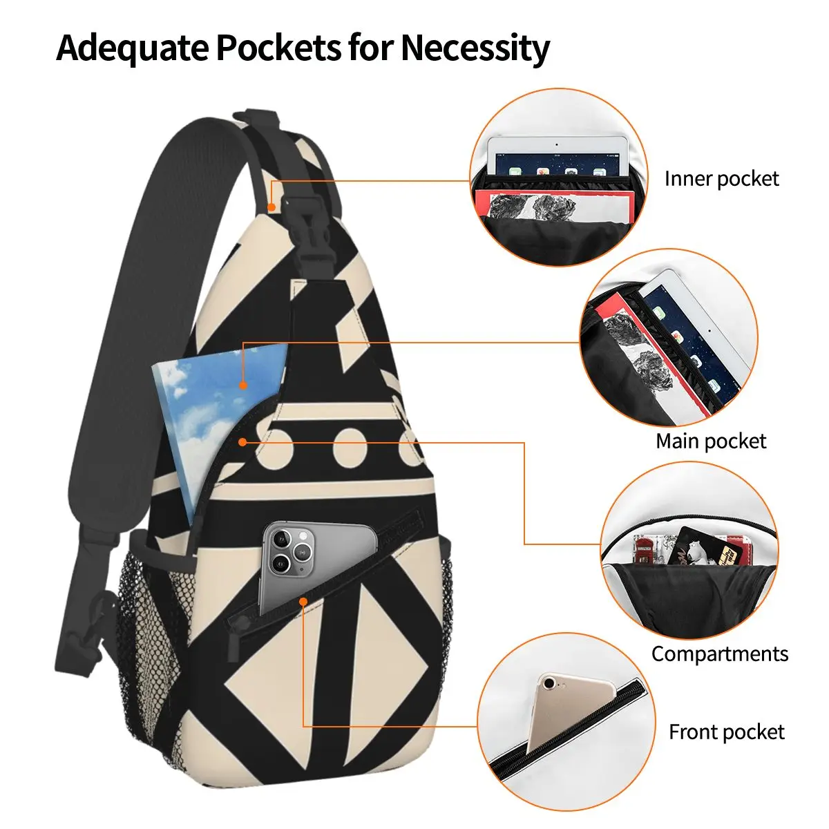 African Mud Cloth Black And White Trending Chest Bag Men Sling Crossbody Backpack Chest Bag Travel Hiking Daypack Shoulder Bag