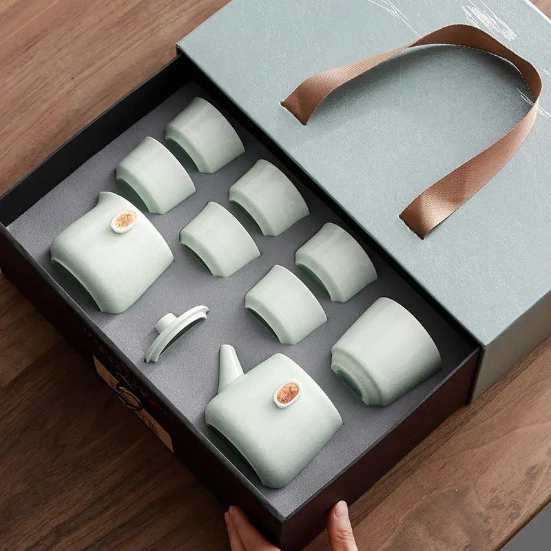 

Ge Kiln Tea Set Household Ceramic Tea Pot Chinese Cup Portable Travel Set High end Business