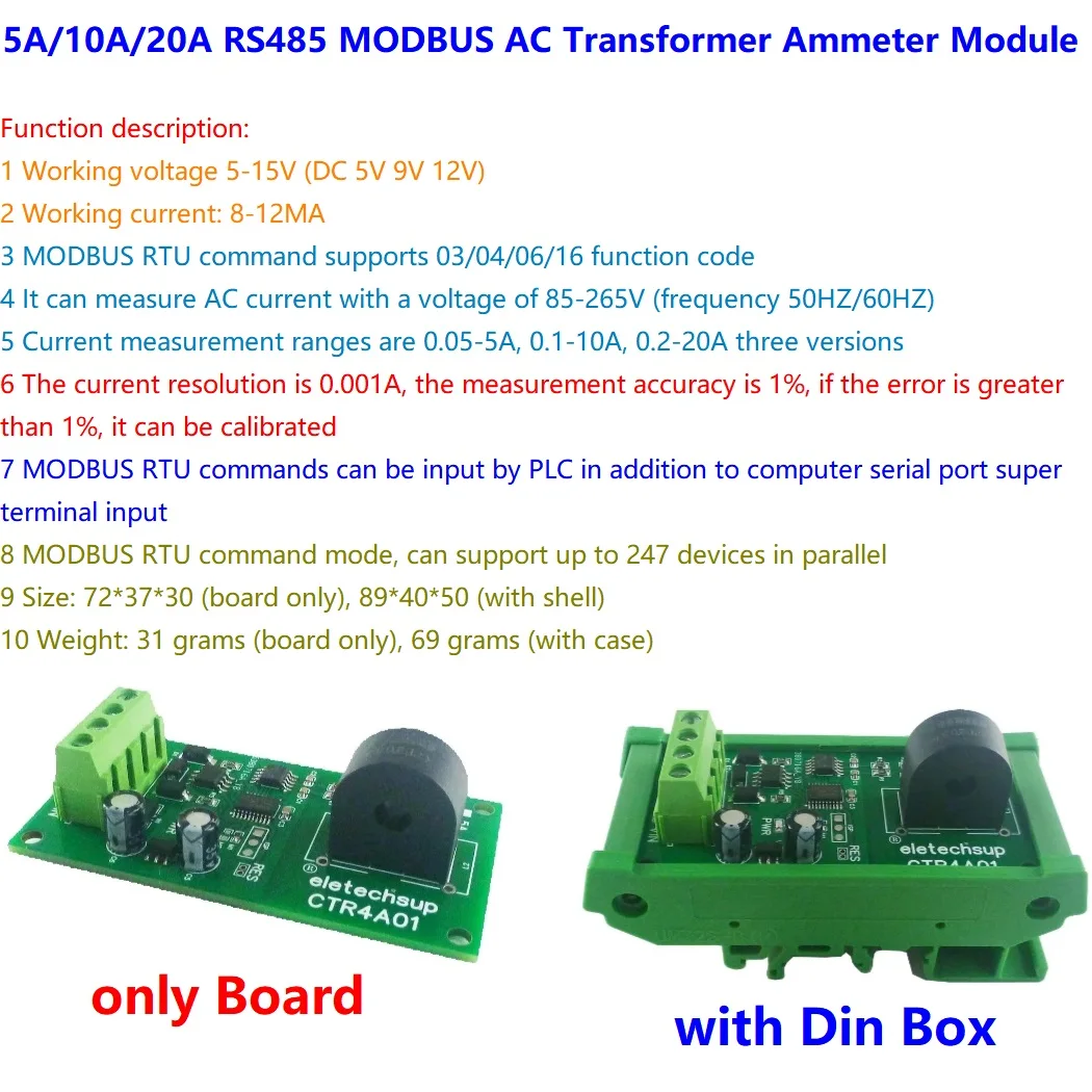 

5A/10A/20A 110 220V 50HZ/60HZ RS485 Current Collector Ammeter MODBUS PLC Current Analog Acquisition AC Transformer Meter Module